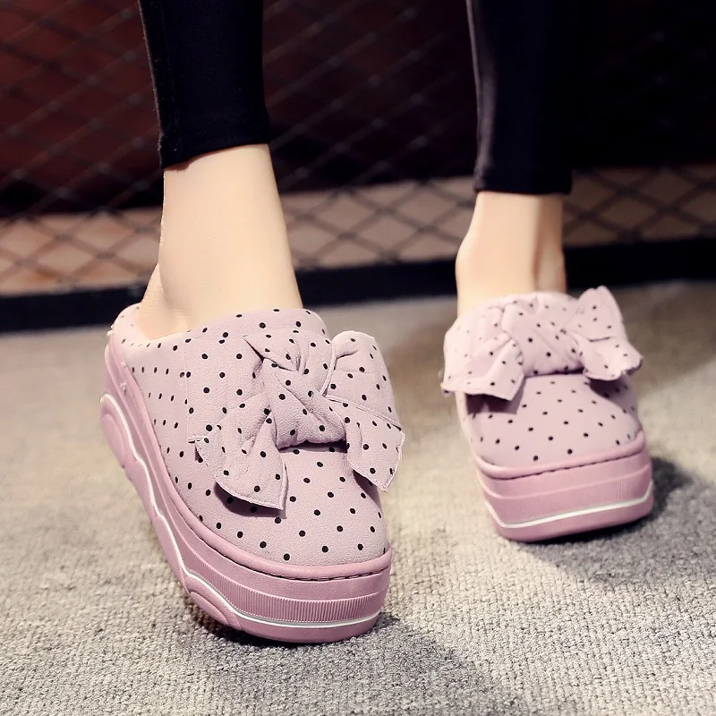 

Slippers Heels Women Shoes 2019 Flock Butterfly-knot Slides Lady Platform Increased Internal Fashion On A Wedge Med High New