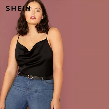 

SHEIN Plus Size Black Draped Neck Satin Cami Top Women Spaghetti Strap Casual V neck Solid Camisole Tops