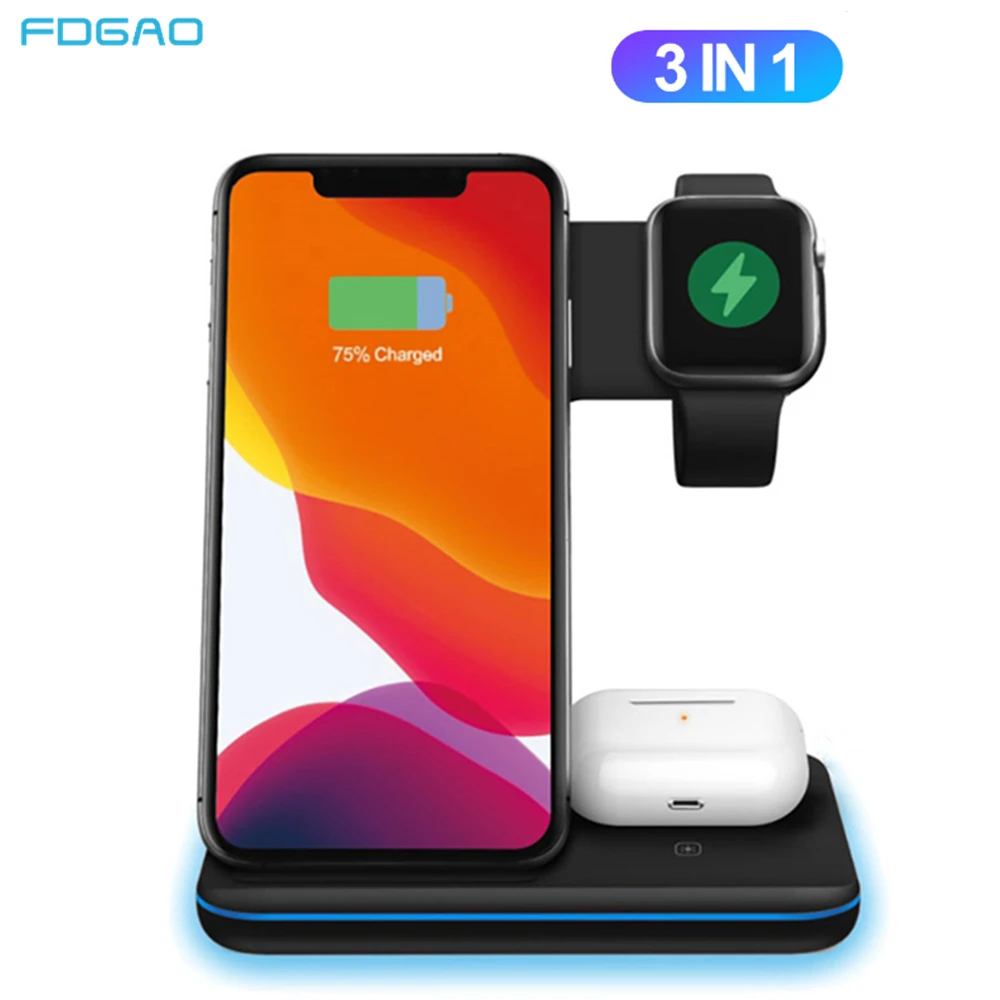 15W Qi Wireless Charger For iPhone 12 11 XS XR X 8 Samsung S20 S21 3 in 1 Charging Station for Apple Watch 6 5 4 3 2 Airpods Pro