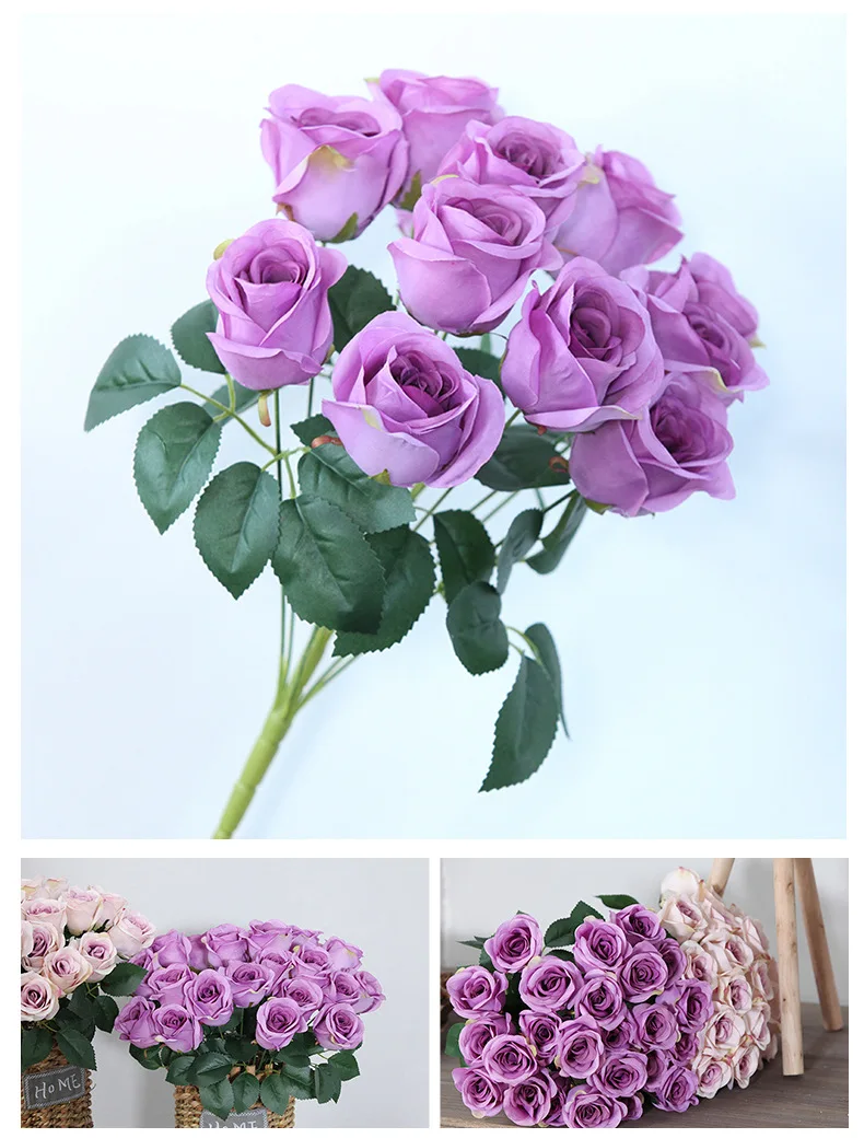 JAROWN 12 Heads Silk Roses Bride Holding Flowers Royal Blue Fake Rose Flowers Home Wedding Arch Table Decor Artificial Flower (55)