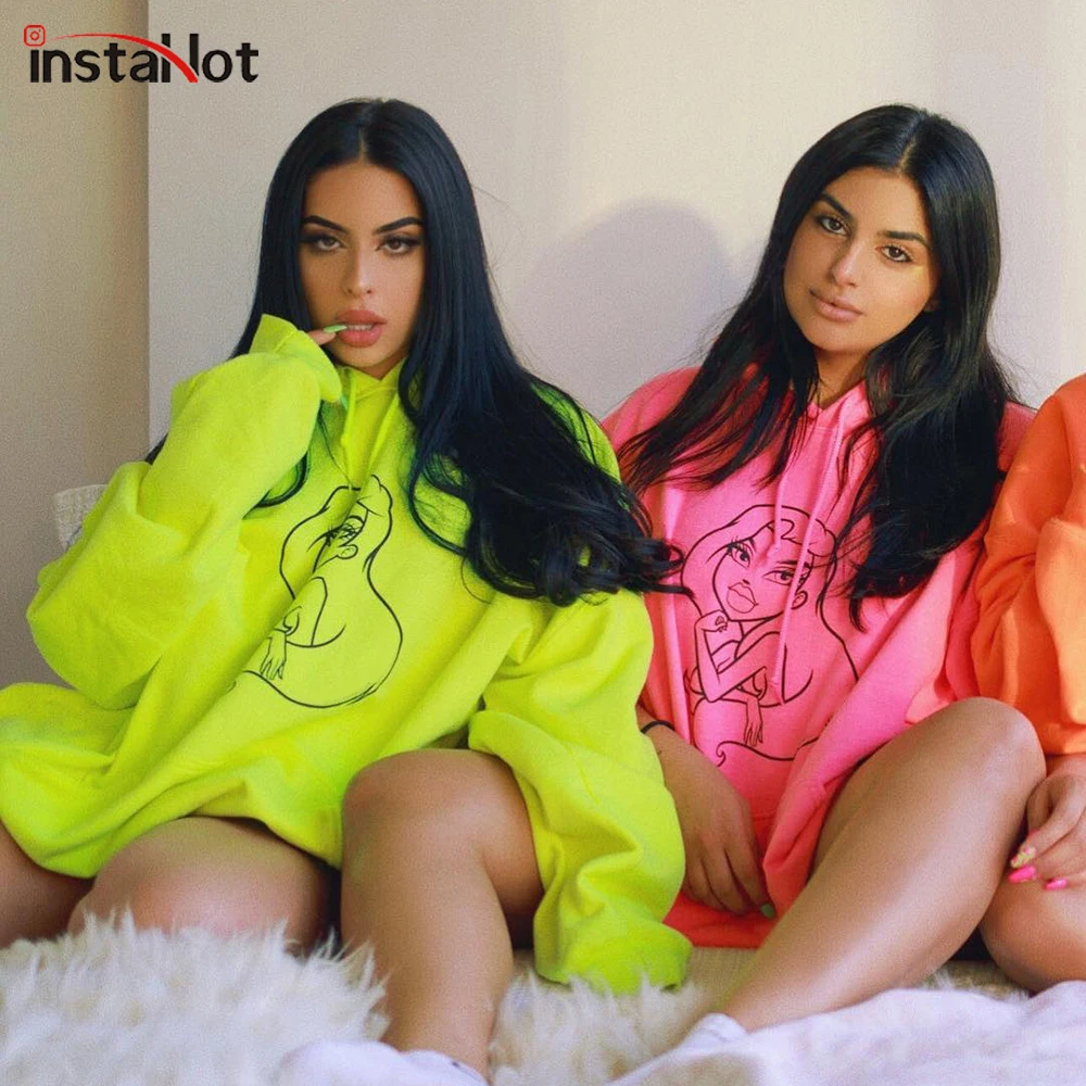

Instant Hot Women Print Baggy Sweatshirts Drawstring Hooded Winter Autumn Oversized Pullover Casual Loose Pink Orange Hoodies