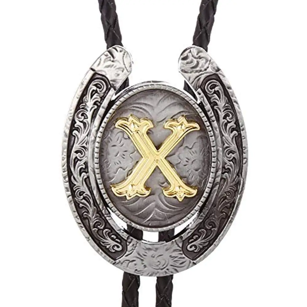 Vintage Gold Letter ABCDEFG-Z U shape bolo tie for man Indian cowboy western cowgirl leather rope zinc alloy necktie woven necktie