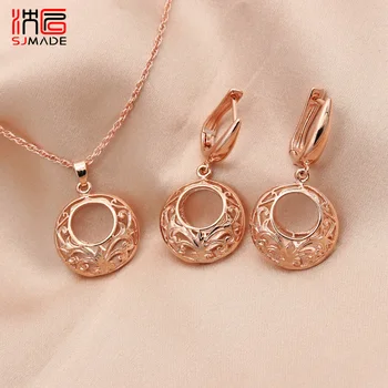

SJMADE Korean Vintage Bohemia Hollow Annular 585 Rose Gold Dangle Earrings Jewelry Sets For Women Wedding Girl Party Jewelry