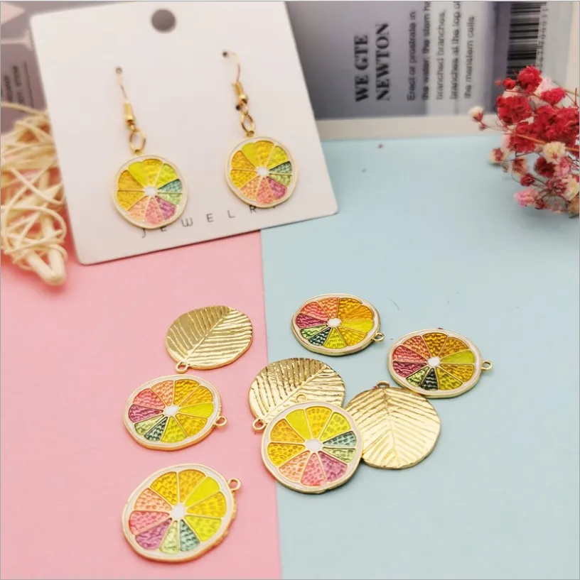 

10pcs Drop Oil Alloy Cartoon Lemon Earrings Necklace Pendant Pearly Colorful Fruit Lemon DIY Rubber Band Earring Pendant 20*23mm