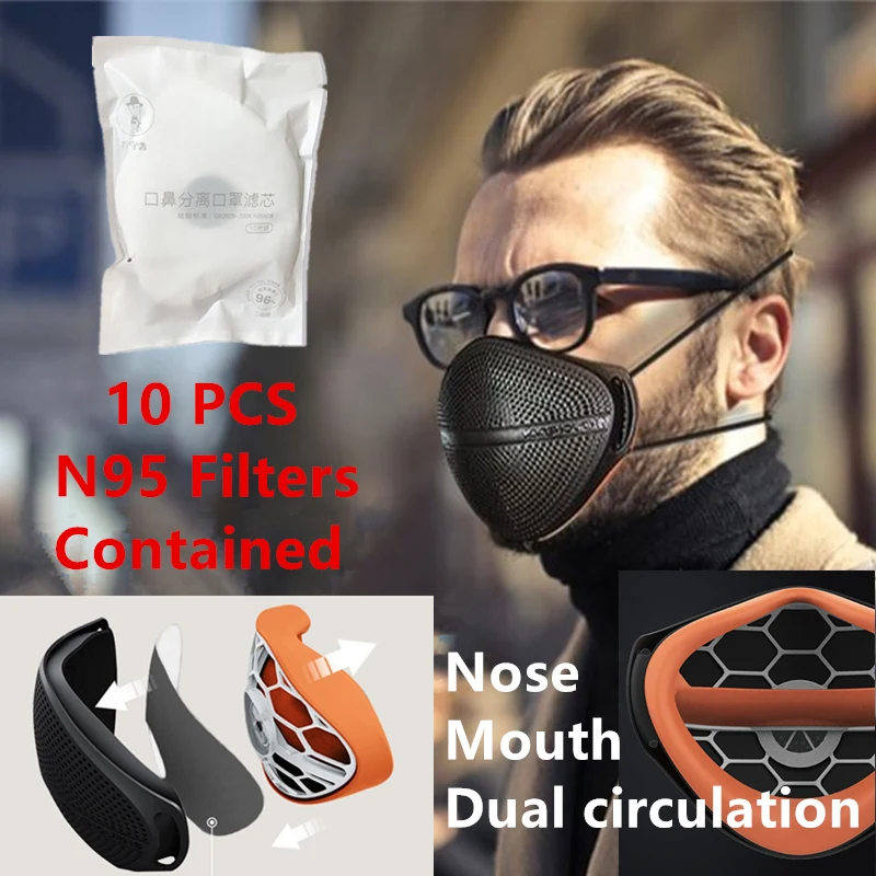 

N95 Washable Silicone Mask Dustproof KN95 Reusable Face Masks PM2.5 Anti-fog Respirator with 10 Pcs Activated Carbon filter