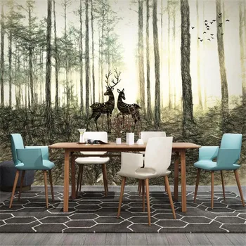 

Large 3D wallpaper mural custom Nordic forest hand painted elk TV sofa background wallpaper mural