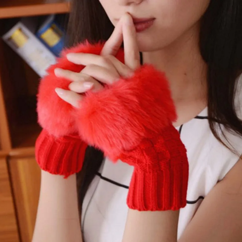 Женские перчатки на половину пальца, плюшевые утолщенные вязаные перчатки, открытые перчатки с сенсорным экраном, зимние теплые вязаные перчатки с меховым декором Fuax - Цвет: Красный