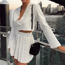 Женский костюм с длинными рукавами в Вертикальную Полоску, куртка, мини-юбка, комплект из 2 предметов, элегантные вечерние наряды, осенняя Женская офисная одежда