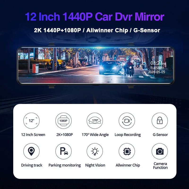 E-ACE A46 2K Car Dash Camera Mirror 12 Inch Touch Driving Recorder Night Vision Dashcam DVRs support GPS 1080P Rear Camera