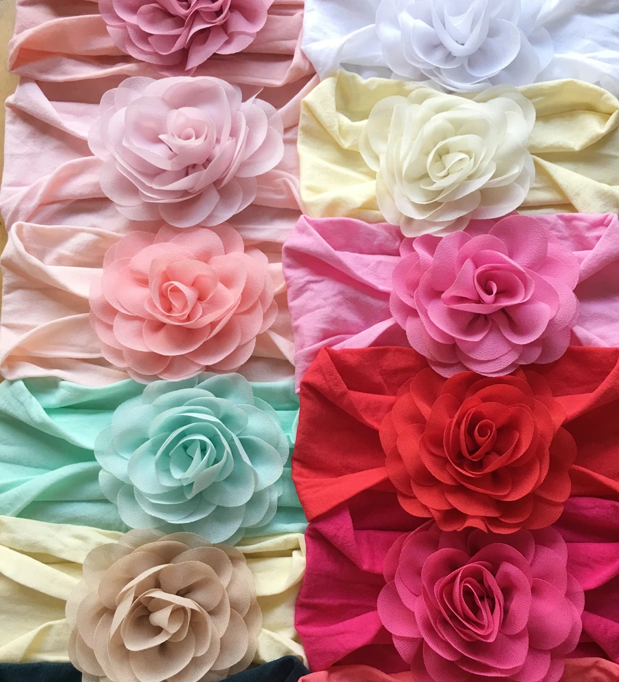 

36pcs/lot Solid Chiffon Flower Matching Wide Nylon Headband For Baby Hairband Kids Children Newborn Hair Accessories 17colors