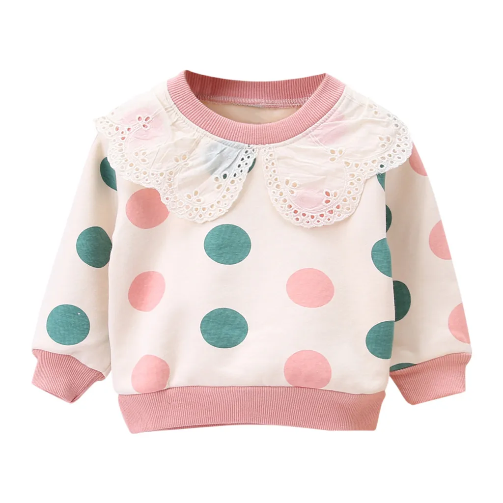 Toddler Baby Kids Girls Ruffles Dot Print Pullover Tops T-shirt Casual Clothes Children's Sweater Hoodie Autumn Winter - Цвет: Розовый
