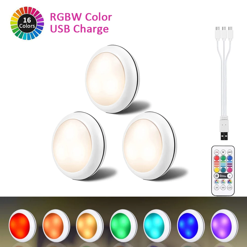 AIBOO USB Rechargeable RGBW LED Cabinet Light Puck Lamp 16 Colors Timmer Remote Under Shelf Kitchen Counter Wardrobe Lighting