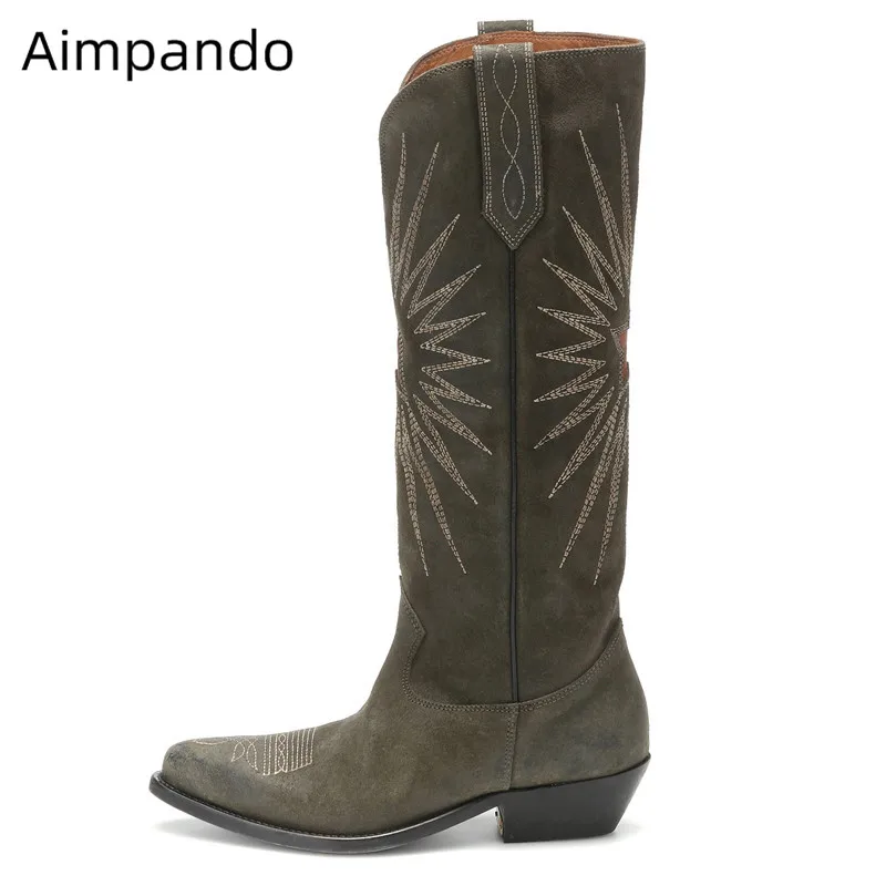 

Sewing Boots Women Point Toe Decor Sewing Bottes Slim Mid Calf Embroider Star Botas 2020 Fall Winter New Coming Boots Mujer