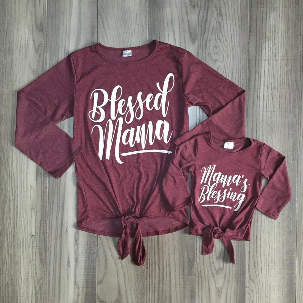Одежда для мамы и девочки, осенняя рубашка красного цвета, топ с надписью «blessed mama and mama's blession», одежда для мамы и меня