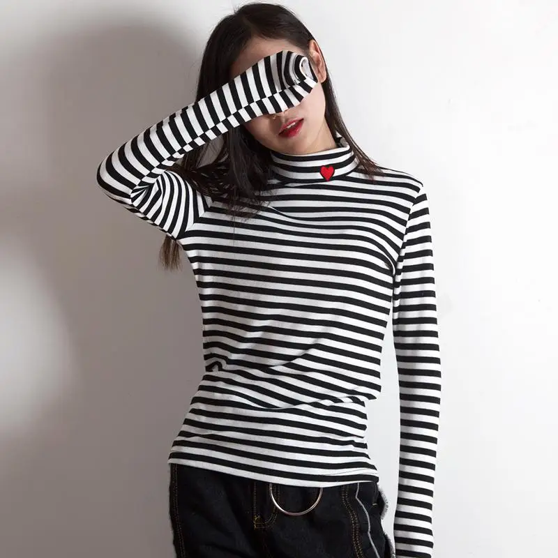 Корейский Ulzzang Полосатый Топы И Футболки маленький макет шеи Harajuku Kawaii женская футболка сердце вышивка карамельный цвет укороченный с длинным рукавом - Цвет: 3