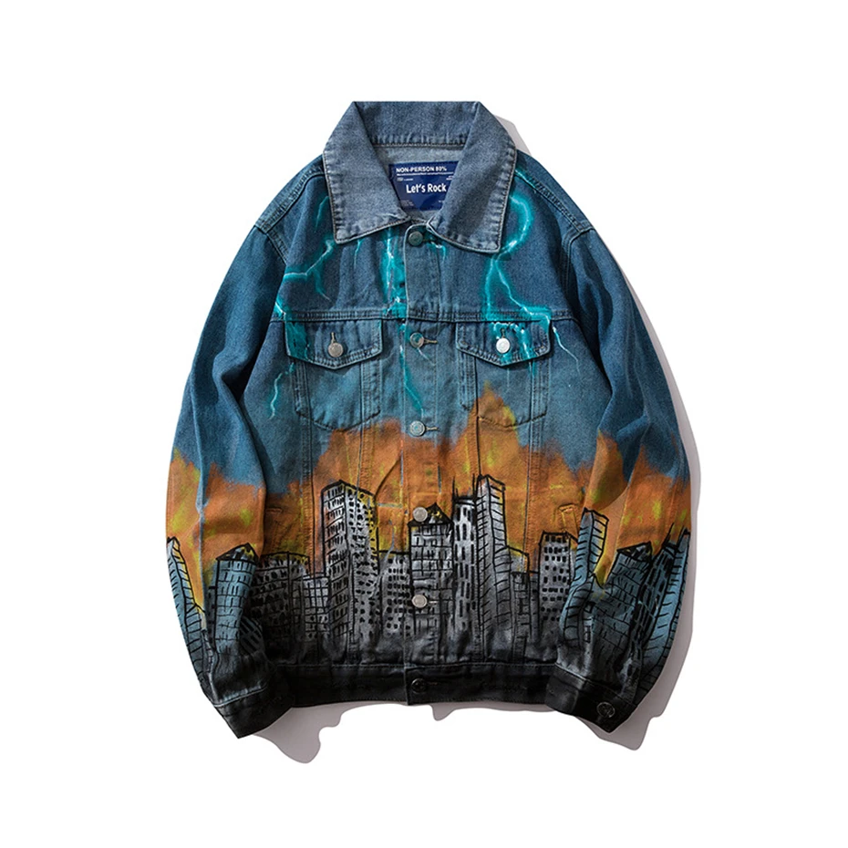 Винтажная джинсовая куртка для мужчин, рваные джинсовые куртки в стиле хип-хоп, уличная мода, креативные джинсовые пальто с принтом граффити WG498