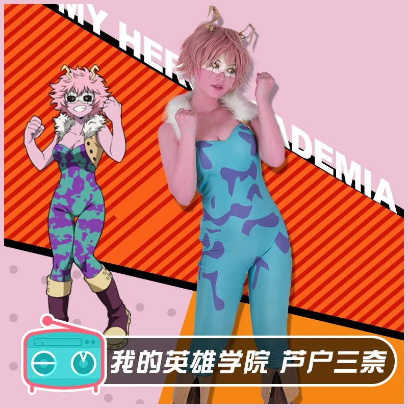 Boku no Hero Academy Mina Ashido, костюм для косплея, униформа на Хэллоуин, комбинезон+ жилет+ уши+ повязка на глаза, S-XL