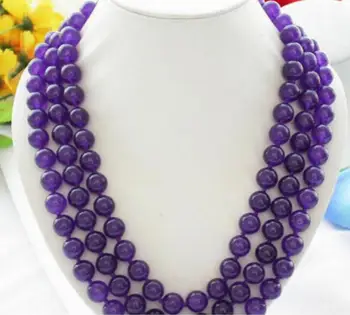 

Jewelry Pearl Necklace 3row 23" 12mm round purple jade bead necklace shell flower Free Shipping