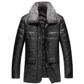 

High Quality Luxury Mens Genuine Leather Down Jacket Detachable Fur Collar Outerwear Male Winter Thick Warm Overcoat L-5XL