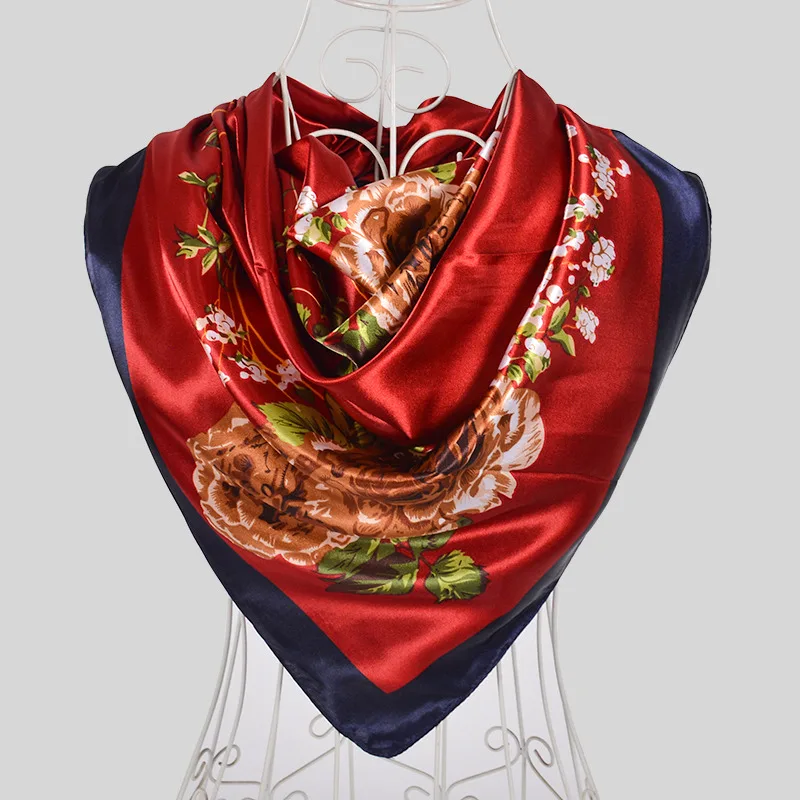 wine red black 635 Весна и осень женский атласный шарф, большой квадратный шарф с принтом, женский шарф, фиолетовый полиэстеровый шелковый шарф, шаль 90*90 см - Цвет: wine red black 635