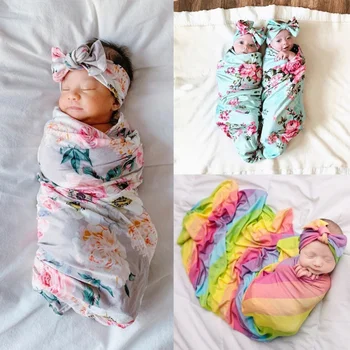 

Infant Swaddle Wrap Headband 2pcs Newborn Baby Floral Swaddle Blanket Toddler Girl Boys Receiving Blanket Baby Swaddle Blanket
