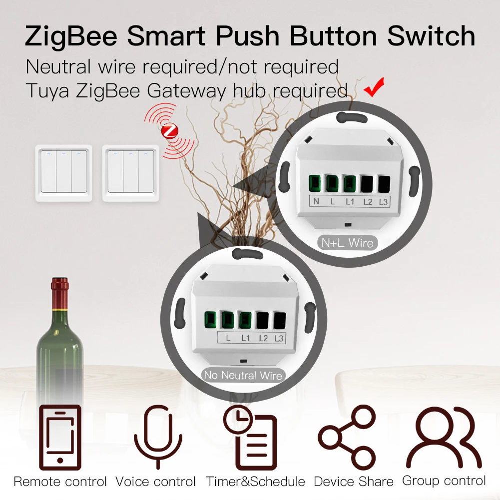 Tuya Zigbee умный Переключатель кнопочный настенный светильник без нейтрального