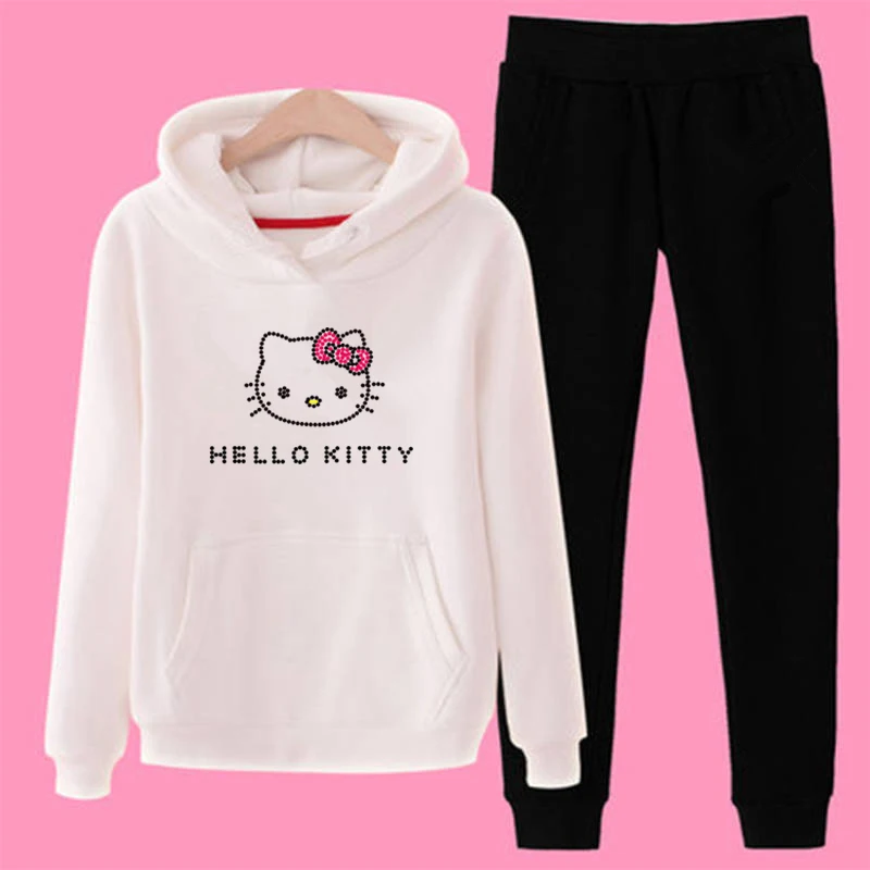 T11 3xl плюс размер hello-kitty зимние женские 2 шт с длинным рукавом флисовые толстовки с капюшоном комплект пуловер костюм спортивные костюмы одежда - Цвет: White