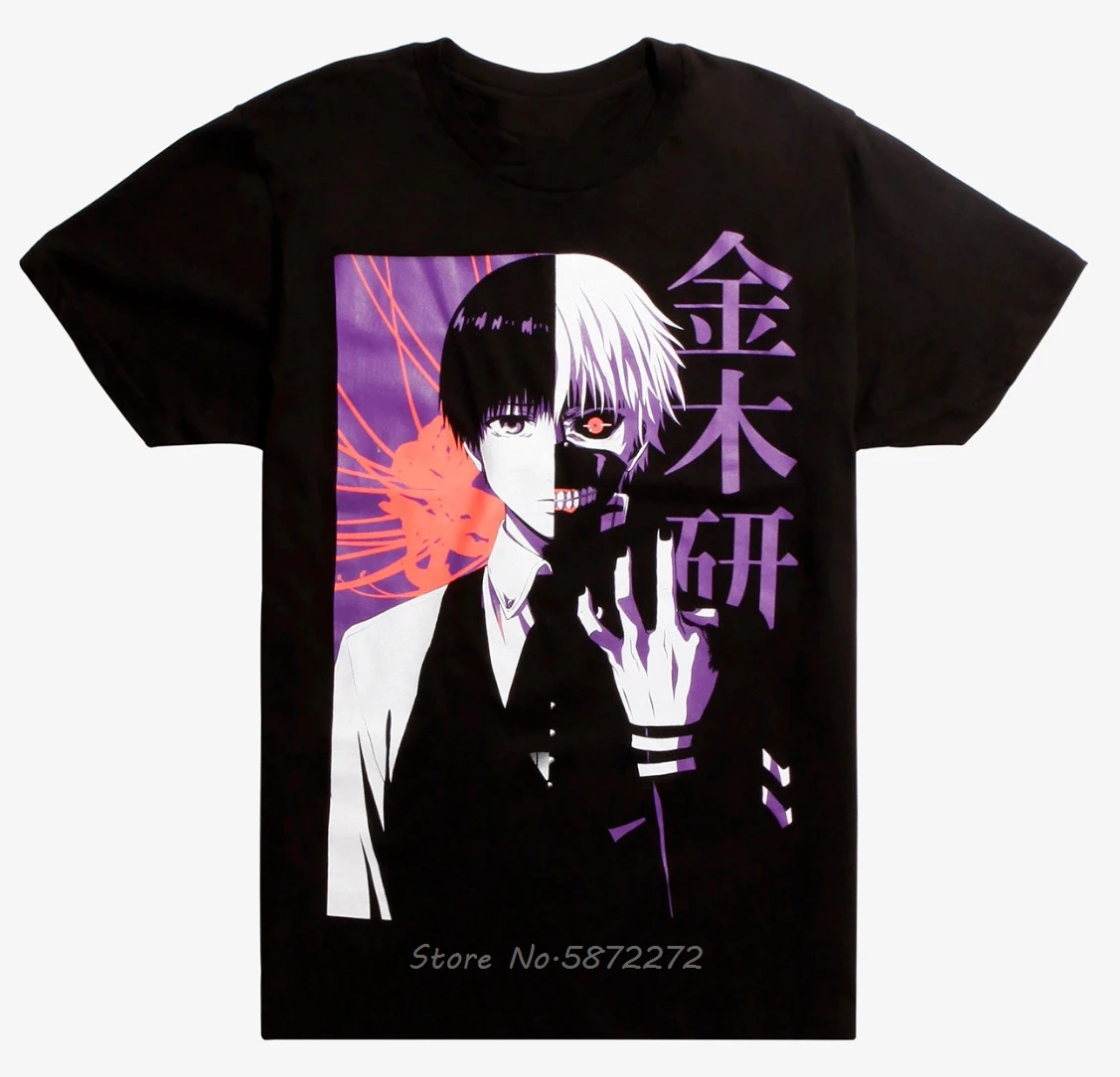Tops Tshirt Kaneki Tokyo Ghoul Anime Cotton Face Summer Men O-Neck Tees Hip-Hop Split