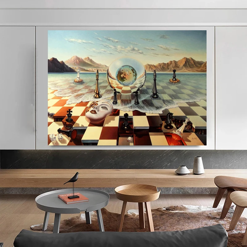 Chess Mask On Sea Surrealism Painting Inspired by Dali Printed on Canvas