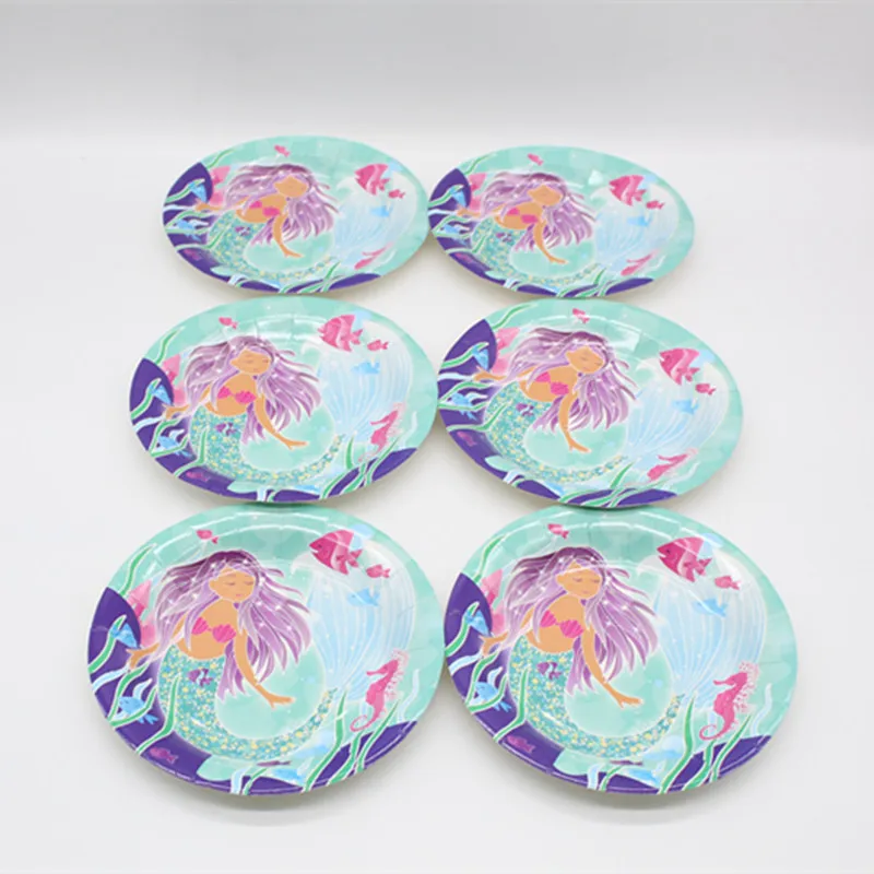 6PCS 7 inch Disposable Tableware Mermaid Themed Party Birthday Party Decorations Kids Party Supplies Paper Plates Cake Hats - Цвет: 6PCS 7 inch