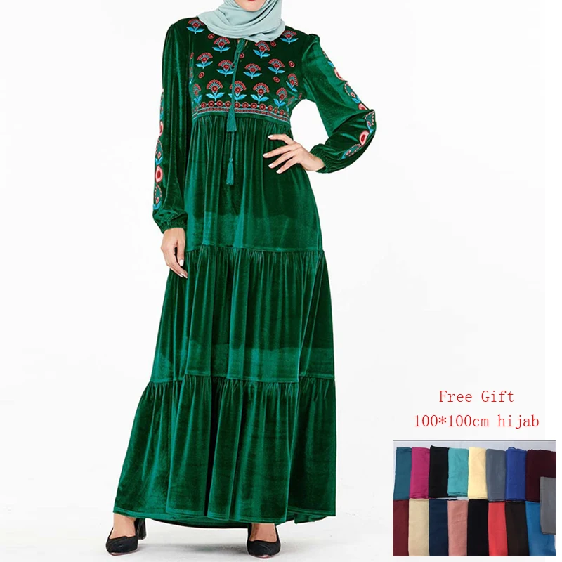green dress Vestidos Дубай бархат Абая Кафтан Марокко Арабский исламский мусульманское платье Турция Кафтан турецкие платья Хиджаб халат Musulmane Arabe - Цвет: green dress