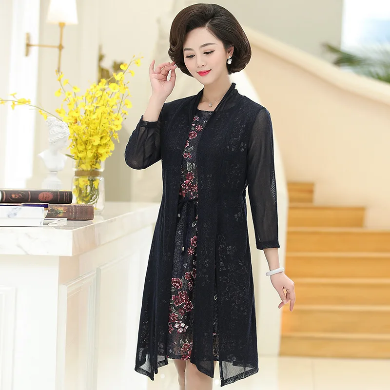 

2019 New Style Middle-aged WOMEN'S Dress Shawl Two-Piece Set Spring Middle-aged Women Dress Large Size Loose-Fit Dress