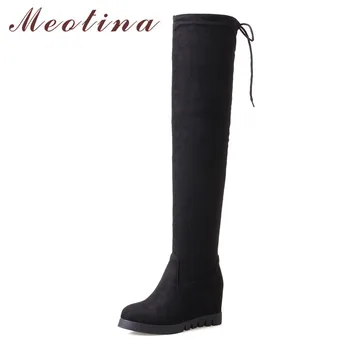 

Meotina Winter Thigh High Boots Women Zipper Height Increasing High Heels Over the Knee Boots Sexy Slim Stretch Shoes Lady 34-43