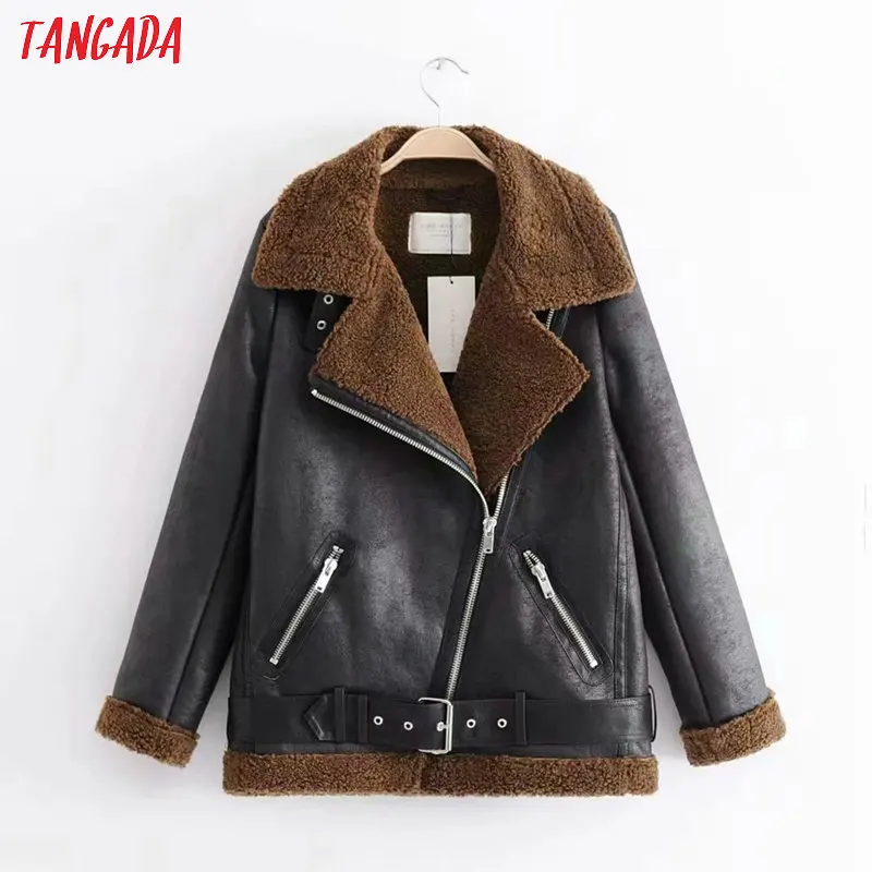 Greatest Tangada Women winter fur faux leather jacket coat with belt retro turn down collar Ladies 2019 Thic