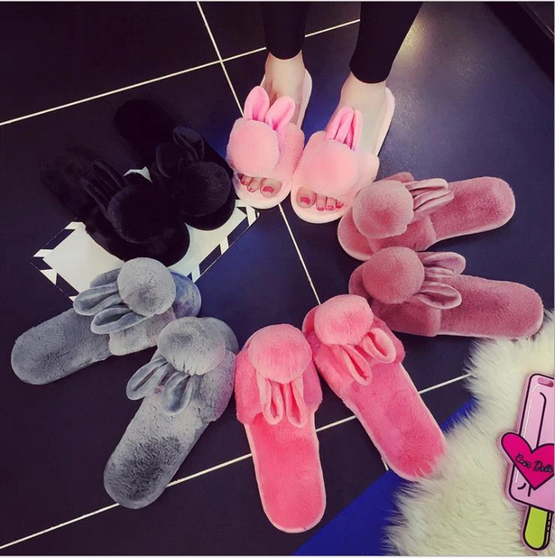

Cartoon Rabbit Ear Home Furry Cotton Slippers