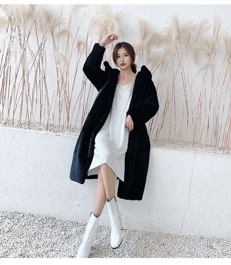 black coat Зимняя женская Высококачественная шуба из искусственного меха кролика, роскошная длинная шуба большого размера, Свободное пальто с лацканами, толстые теплые женские плюшевые пальто - Цвет: black coat