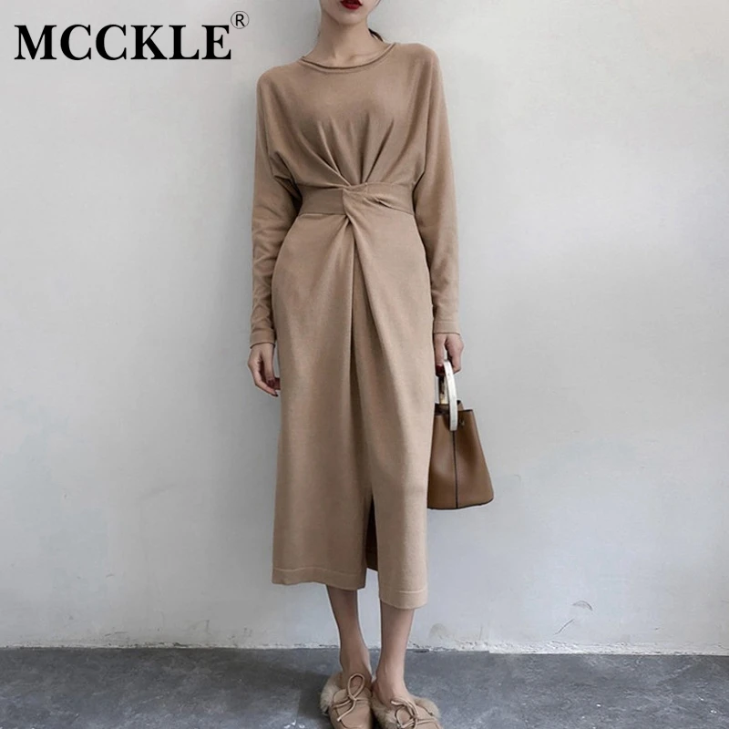 

A-line Women's Long Sleeve Split Knitted Midi Dress High Waist Bowtie Bandage Lace Up Female Dresses 2019 Spring Autumn O-Neck