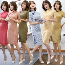 Весна стиль замша средней длины Cheongsam Улучшенная облегающая в клетку Чонсам в ретростиле женское платье