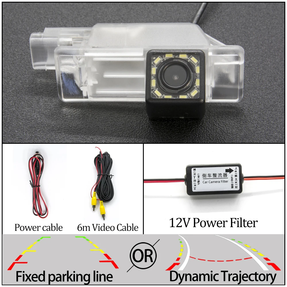 Статический или динамический траектории камера заднего вида CCD для peugeot 301 308 408 508 седан C5 2008 3008 2013 автомобиля - Название цвета: 12LED Cam N Filter