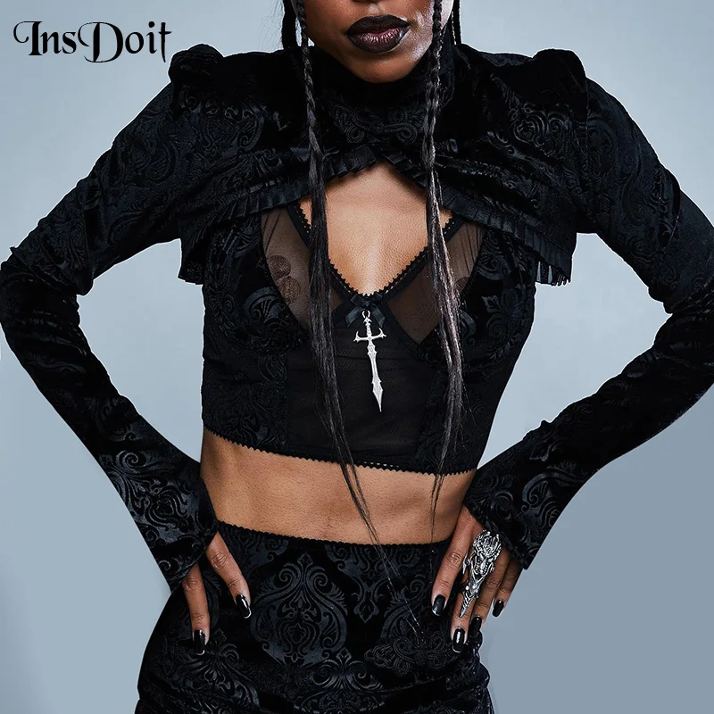 Женская винтажная бархатная водолазка InsDoit готический укороченный Топ с длинным