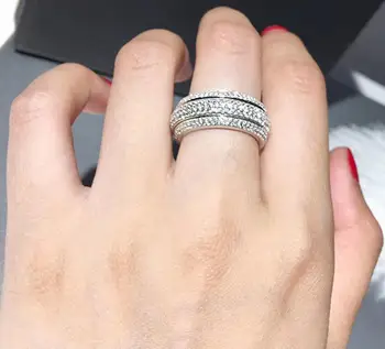 

925 Sterling Silver romantic crystal Circle Rotate Rings fashion Three rows of drill Silver Rings Promise rings Female jewelry