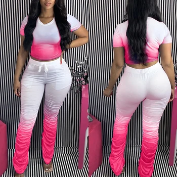 

Autumn Women Tracksuits Two Pieces Set Short Sleeve Top Flared Pants 2 Pieces Set Pleated Pants Sports Suit Print Outdoor Wear