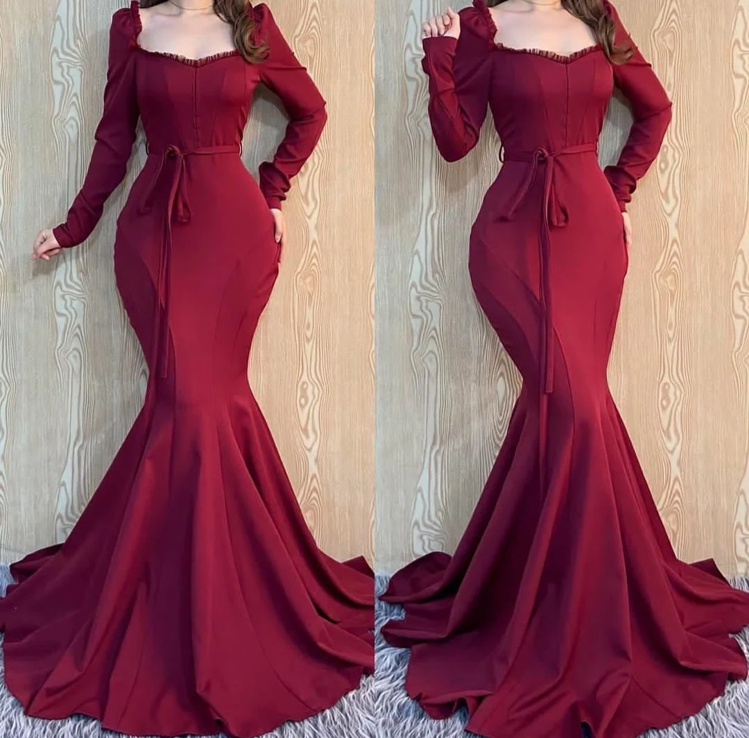 

Elegant Mermaid Burgundy Long Sleeve Evening Dresses with Belt Zipper Back Satin Abendkleider Robes de Soirée for Women