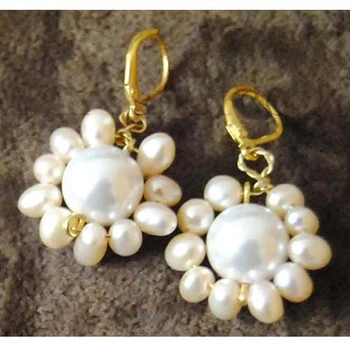 

New Pearl Earrings Natural Drip Cultured Pearls Real Round Shell Jewelry Sunflower Gold Tone Lever Back Birthday Girl Women Gift