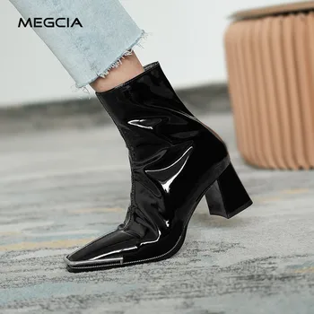 

MEGCIA Fashion Women Black Boots Genuine Leather Square Ankle Boots High Heels Metale Toe Shoes Autumn Winter Zipper Shoes A64