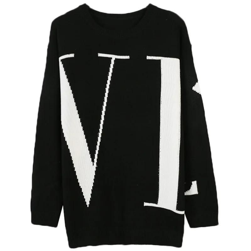 Fall Black Sweater New Long Sleeve Coloured Letter Embroidered Round Neck Loose Knitted Top Woman Computer Knitted Sweater