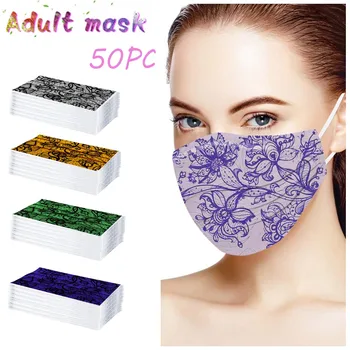 

50pcs Adult Lace Printing Three Layer Protective Breathable Disposable Mask Health Covers Mouths Masker Disposable Halloween