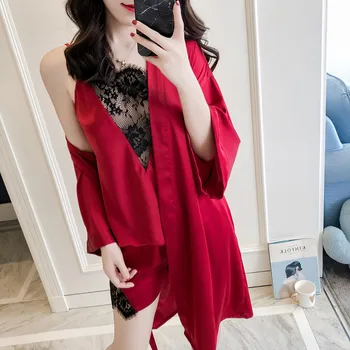 

Kimono Robe Gown Women Sexy 3PCS Nighty&Robe Suit Satin Sleepwear Nightdress Lace Perspective Intimate Lingerie Home Clothes