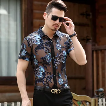 

Mens Sexy See Through Dress Shirts 2019 Luxury Embroidery Floral Shirt Men Club Party Prom Transparent Shirt Male Camisa Hombre