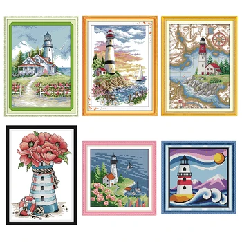 

Seaside Lighthouse Painting Cross Stitch Kit 14CT 11CT Counting Print Canvas Cross Stitch DIY Pattern Embroidery Kit Needlework